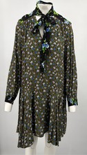 Sandro Green Floral Print Tie-Neck Asymmetric Hem Long Sleeve Dress sz 38
