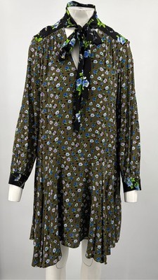 Sandro Green Floral Print Tie-Neck Asymmetric Hem Long Sleeve Dress sz 38