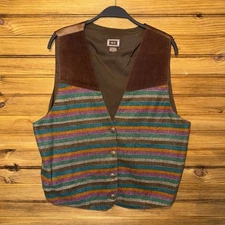 Vintage AJ Western Vest Mens Size Large Wool Leather Striped Southwest 4 Button