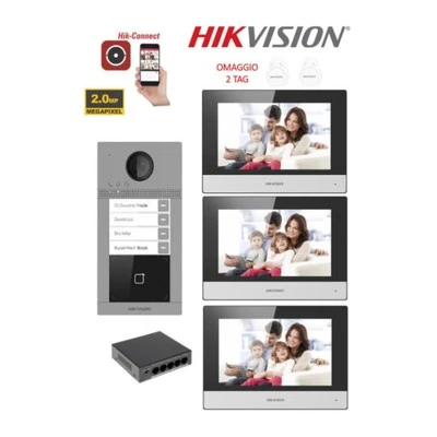 HIKVISION Kit Videocitofono Hik Vision Villa Trifamiliare 4 Bussate 3 Monitor Ip Poe App
