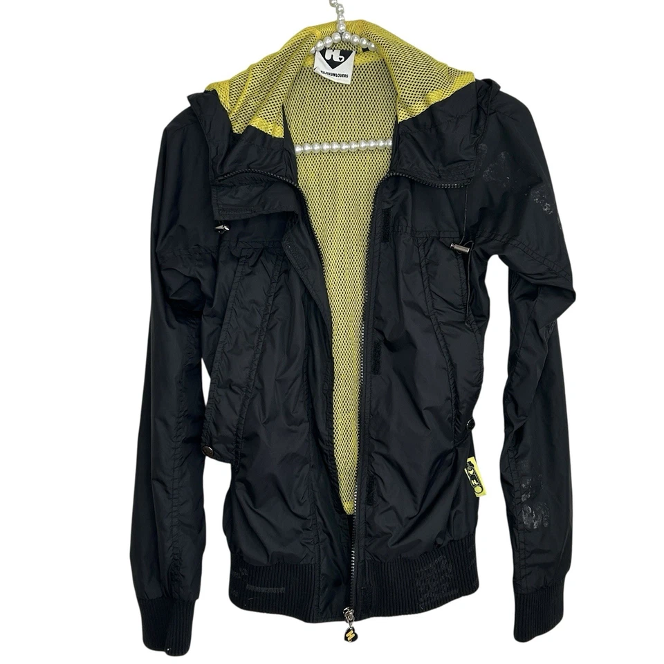 Cortavientos con capucha Harajuku Lovers XS Y2k negro ropa de calle cremallera completa tecnología lluvia Foto 3 de 4