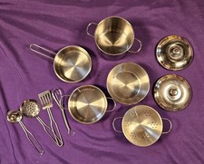 Stainless Steel Kids Play Kitchen Toy Pots Pans Utensils 11 Pc Set