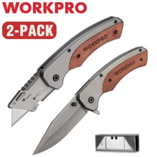 WORKPRO 2PK Folding Utility Knife EDC Pocket Knife Box Cutter Quick-Change Blade
