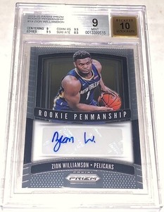 2019-20 Panini Prizm Zion Williamson rookie Penmanship Beckett 9 Grade 10 auto
