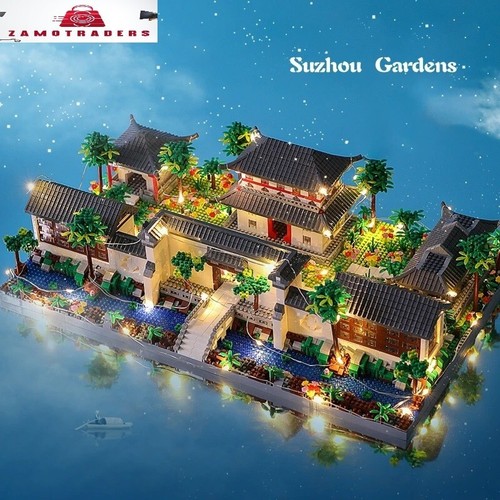 Ancient Pavilion Tower Lake Garden Gate With LED Lights Blocks Building