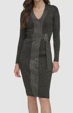 Vince Camuto Women's Black Gold V-Neck Sweater Belted Bodycon Dress Size M