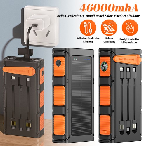 Solar Powerbank 46000mAh Externer Batterie Kurbel Ladegerät 3Kabeln Taschenlampe - Zdjęcie 2 z 28