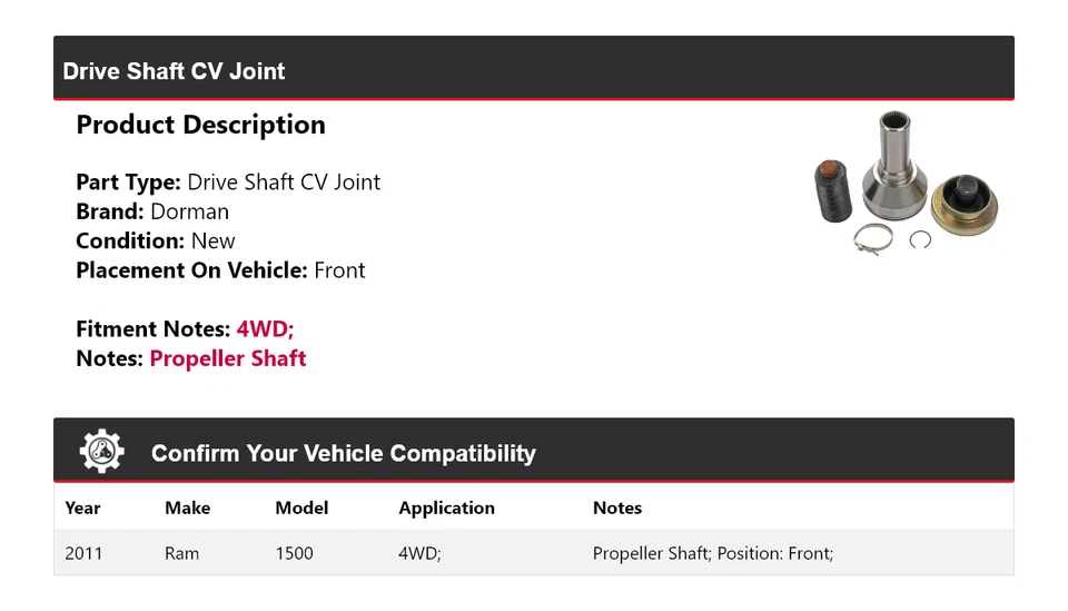 For 2011 Ram 1500 4WD Dorman Drive Shaft CV Joint Front — 第 2/4 张图片