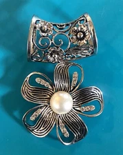 Vtg Signed GB Silver 3” Necklace Enhancer Pendant Slide Flower Rhinestone Pearl