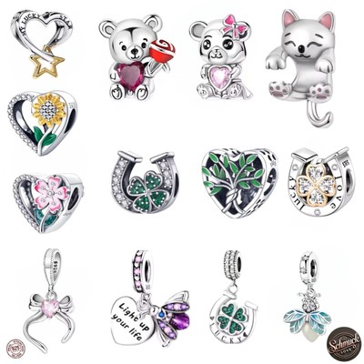 Charms Anhänger Silber 925 für Pandora Armband  Kleeblatt Herz Blume Katze Hund