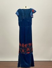 Antique 1920s Flapper Dress Blue Velvet with Red Beadwork floor length AS IS