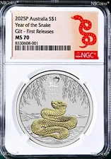 2025 Australia GILDED Silver Lunar Year of the SNAKE NGC MS 70 1oz Coin FR GILT