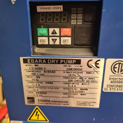 Ebara EV A06N 2 Air Cooled Dry Vacuum Pump 200-240VAC 1 Phase