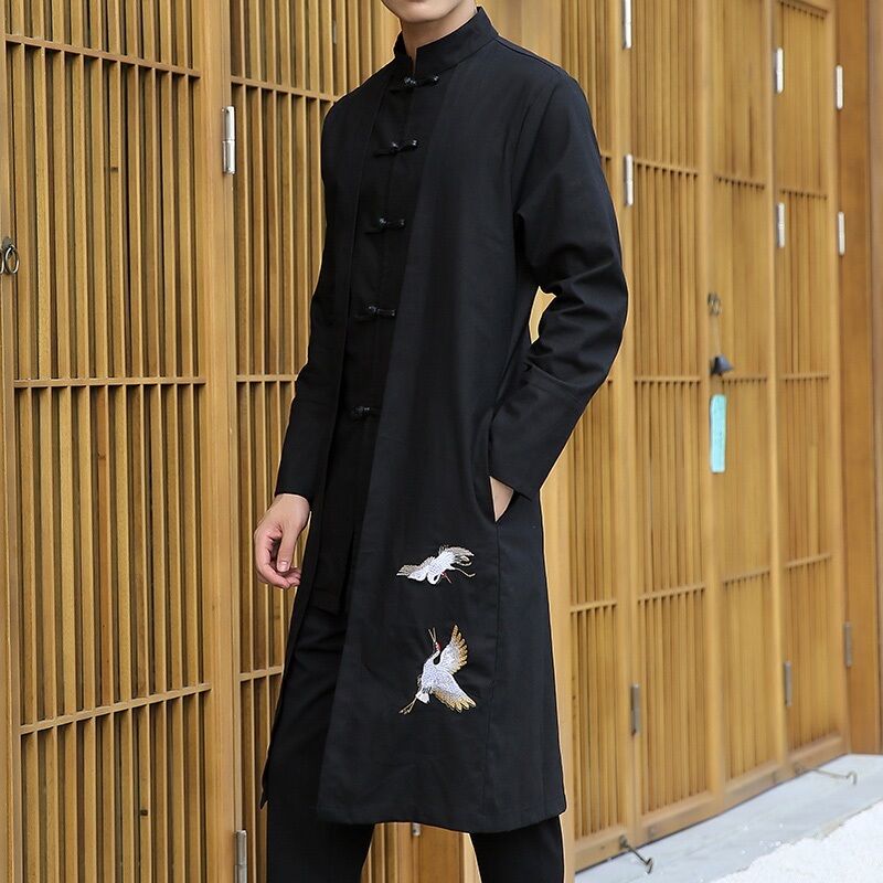 Retro Mens Chinese Style Embroidery Pattern Stand Collar Long Trench Coat  Jacket