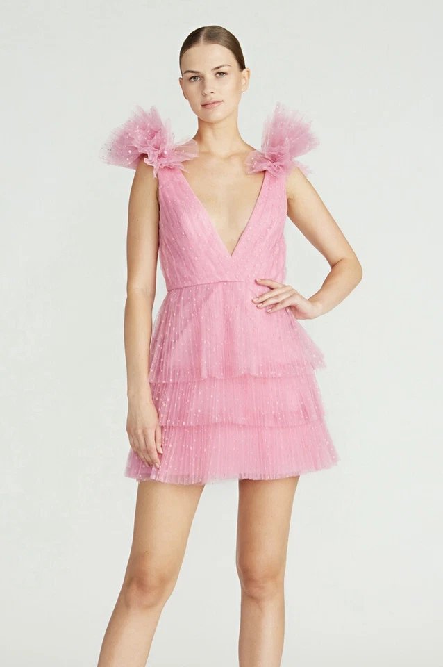 Mini vestido de festa Monique Lhuillier chiclete tule $595 tamanho 8 camadas babado - Imagem 3 de 4