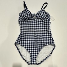 Women's Tie Front One Piece Swimsuit - Navy Gingham Print XL, Blue