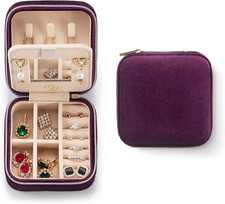 Purple Plush Velvet Travel Jewelry Case with Mirror - Small Organizer for Women