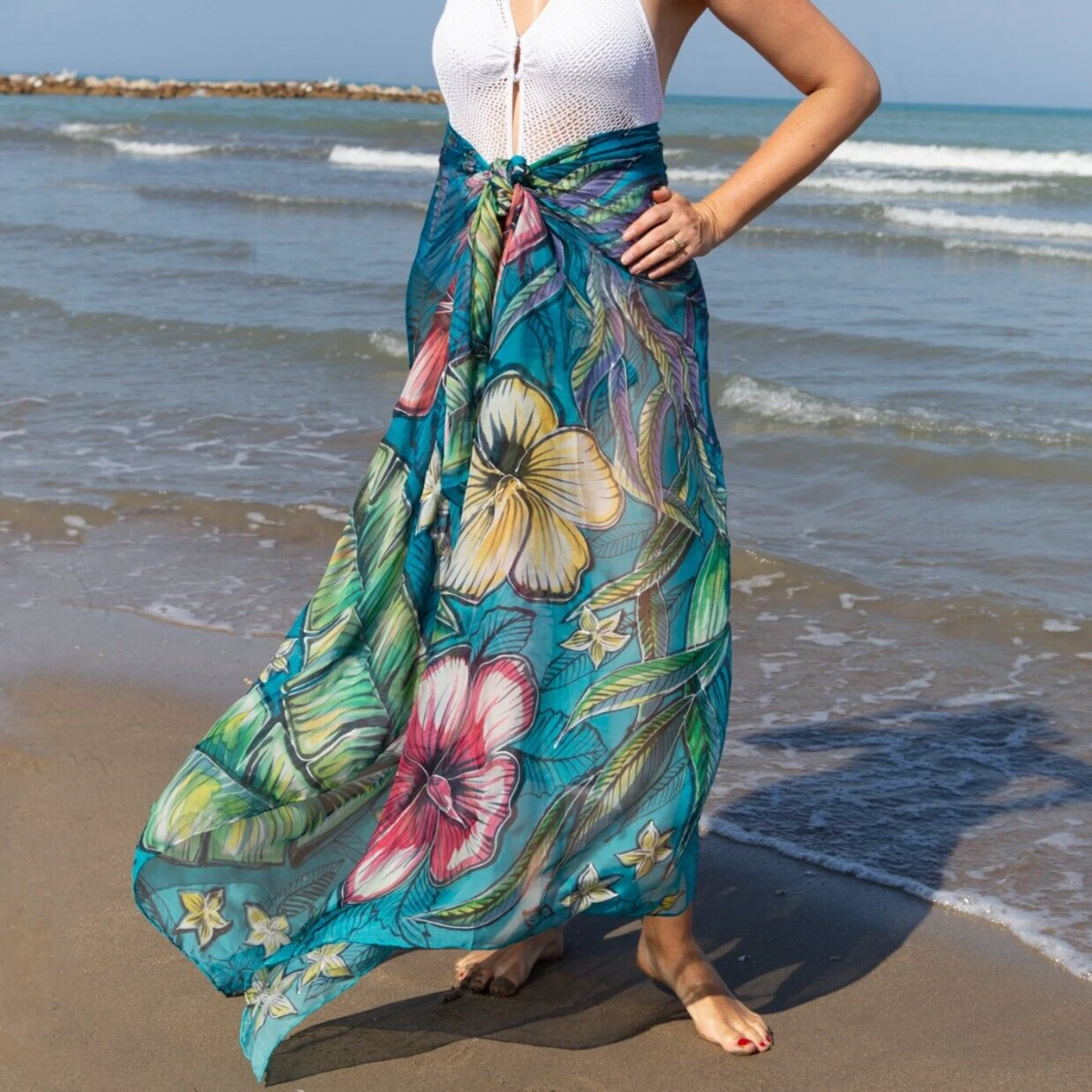Hibiscus Plumeria Hand Painted Floral Silk Sarong Large Scarf Honeymoon Gift