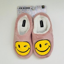 JOE BOXER Pink Yellow Mr. Winkey Smiley Face Faux Fur Slip On Slippers - M 7-8