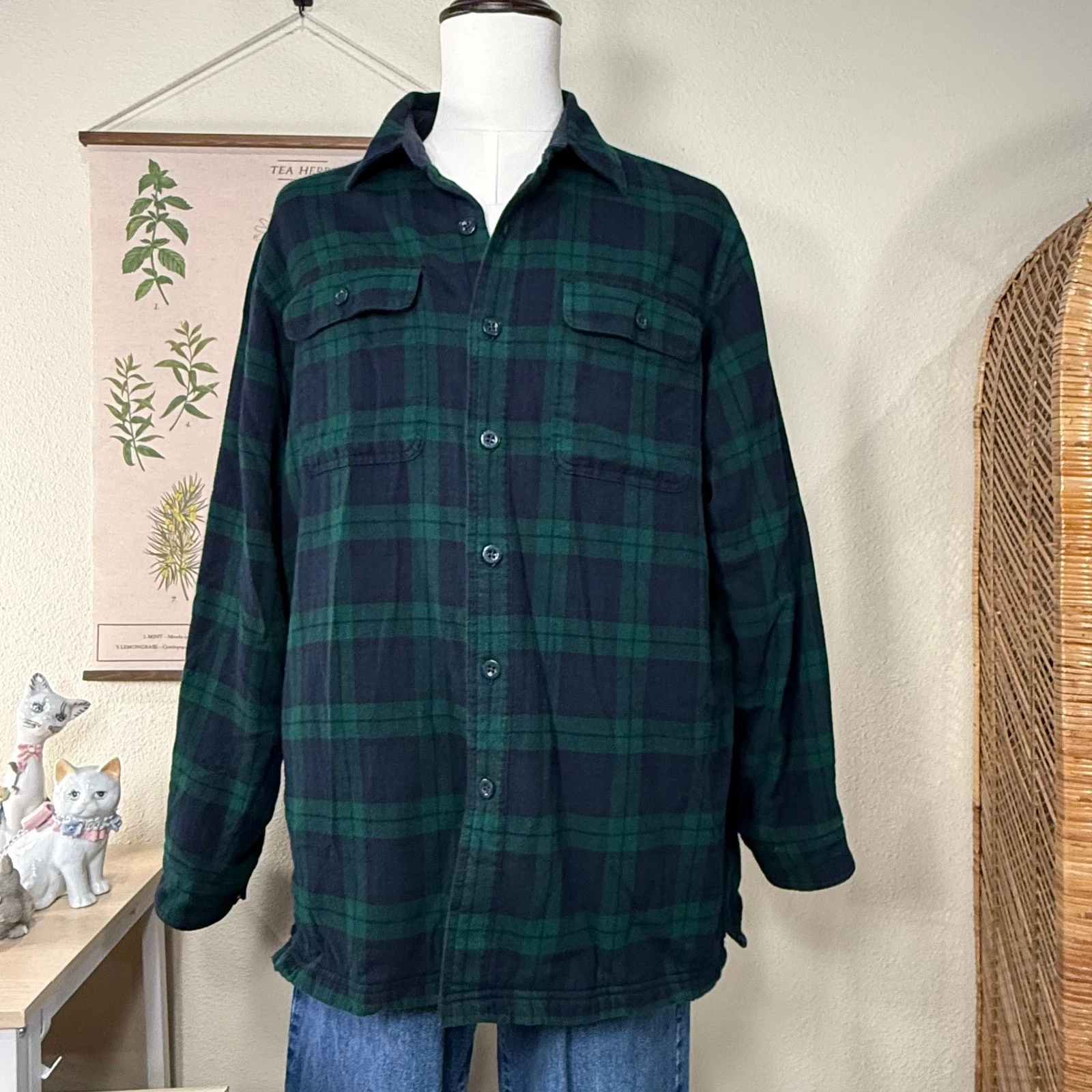 Vintage L.L. Bean Plaid Flannel Fleece Lined Shacket Shirt Grunge Gorpcore L