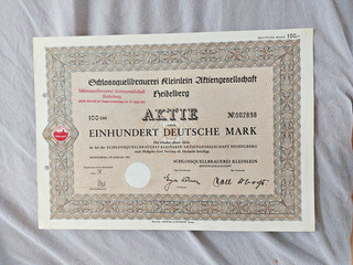 1952 Aktie Heidelberg / Brauerei Schlossquell Kleinlein