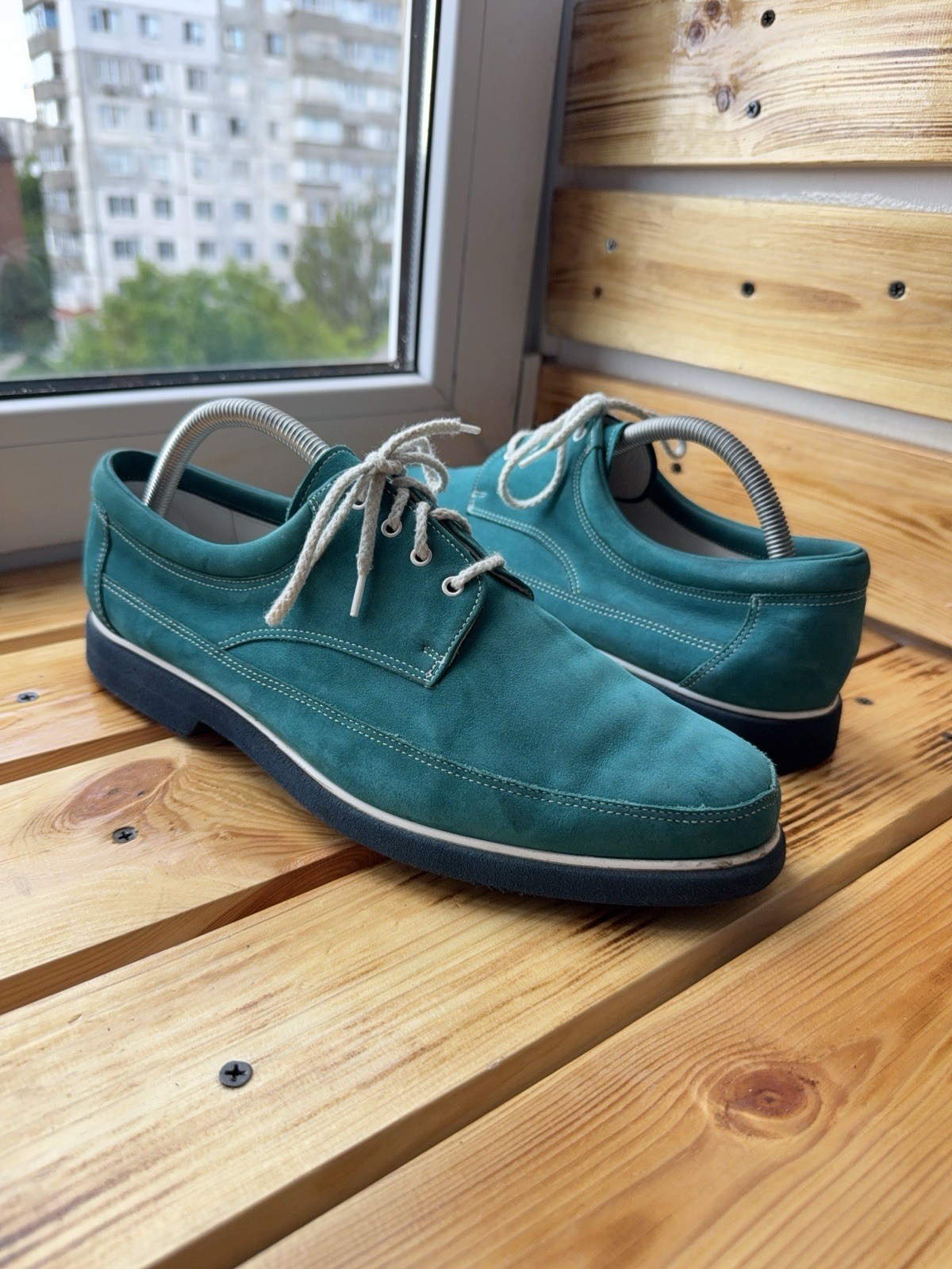 Luxury Retro 00s Rare Bally Switzerland Teal Nubuck Derby Shoes US 10E EU44 UK9