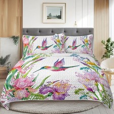 Hummingbird Flower Watercolor Quilt Set 3pc Bedspread Coverlet Bedding
