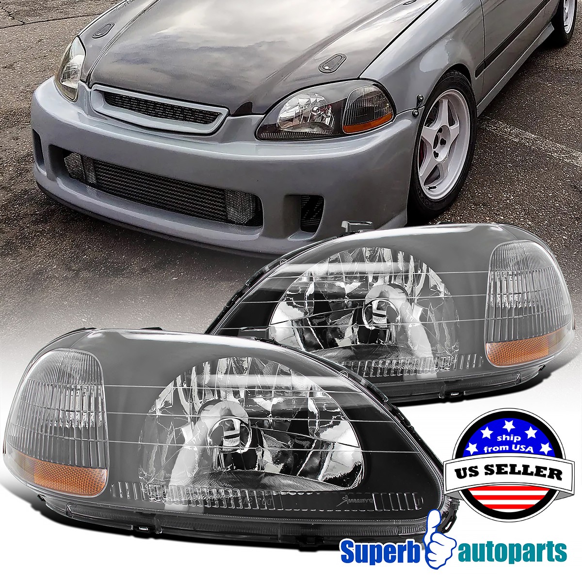 Fits 1996-1998 Honda Civic Headlight Head Lights Lamps Replacement Black Pair