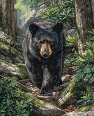 Black Bear Walking Along Lush Forest Trail Print - 520504238