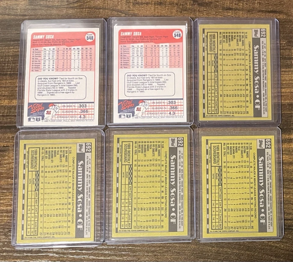 Lote de seis tarjetas de error Fleer And Topps Sammy Sosa 1990 cumpleaños incorrecto Foto 2 de 2