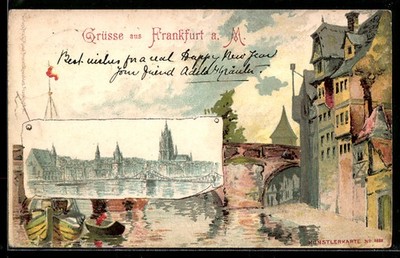 Lithographie Alt-Frankfurt, Mainufer, Brücke, Kaiserdom 1903 