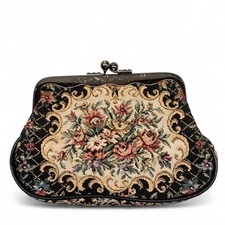 Floral Tapestry Kiss Lock Coin Purse Gold Scrollwork Clasp Vintage Style