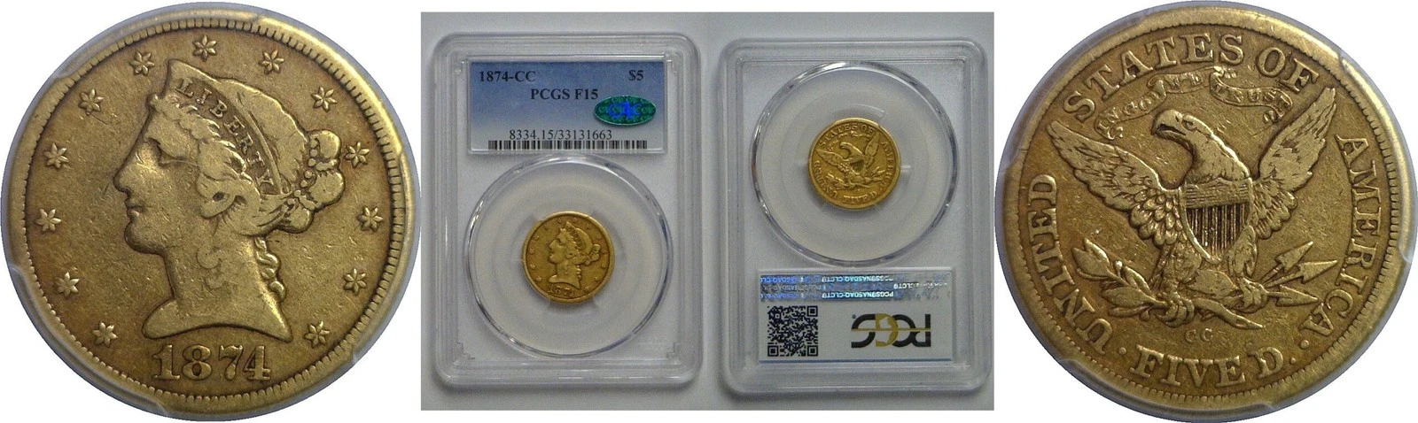 1874-CC $5 Liberty    PCGS F-15 CAC