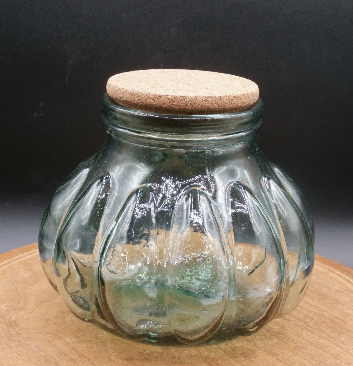 Green Glass Apothecary Jar w/Cork Lid Pumpkin Shape Small Size 6 1/2" T x 7" W