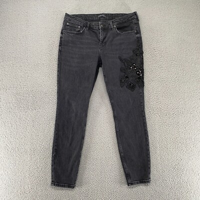 Zara Skinny Jeans Womens 10 Mid Rise Embroidered Beaded Stretchy Gray Denim 