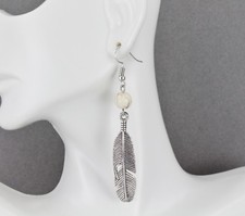 Silver feather earrings dangle metal feather lightweight 3" long cream bead
