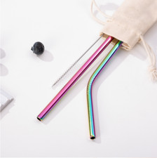 3pc Premium Stainless Steel Metal Rainbow Reusable Straws, Brush & Eco Bag Set