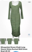 Missguided Green Khaki Long Sleeve Slinky Ruched Midi Dress Bnwt UK 20