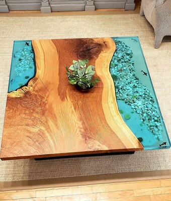 blue Epoxy Ocean Tables. Shells Plants,starfish and sharks. Dining ...