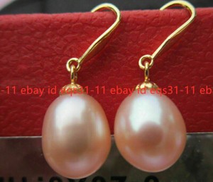 Authentic Real 8-9mm Natural South Sea Pink Rice Pearl Dangle Gold-plated Hook Earrings