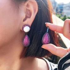 Women Black Gold Plated Pearl Stud Drop Earrings Hot Pink Zircon 2 in 1 Jewelry