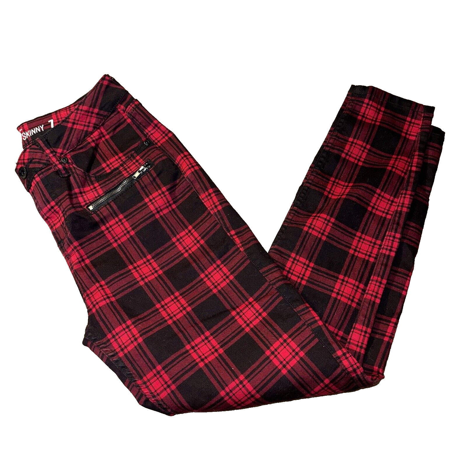Hot Topic HT Denim Jeans Womens Size 7 Red Plaid … - image 1