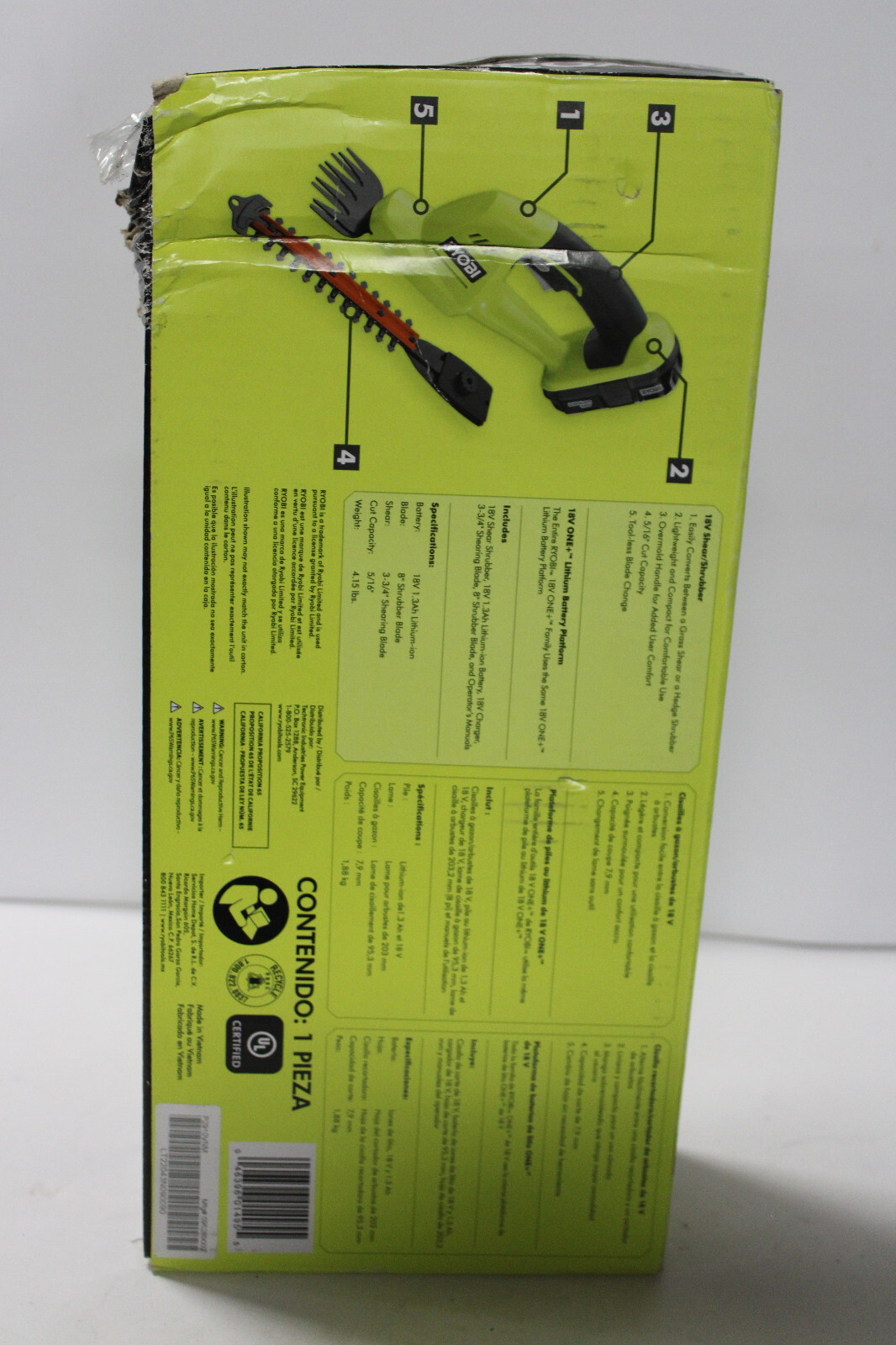 NEW RYOBI ONE+ 18V Cordless Shear Shrubber W Battery & Charger BAD BOX