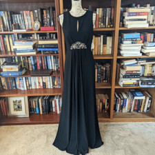 Eliza J black knit gown jeweled pleated front high neck cut out sz 8 nwt
