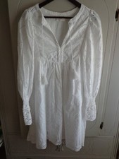 Spell & The Gypsy Eyelet Dylan Smock Mini Dress S White Lining Long Sleeves