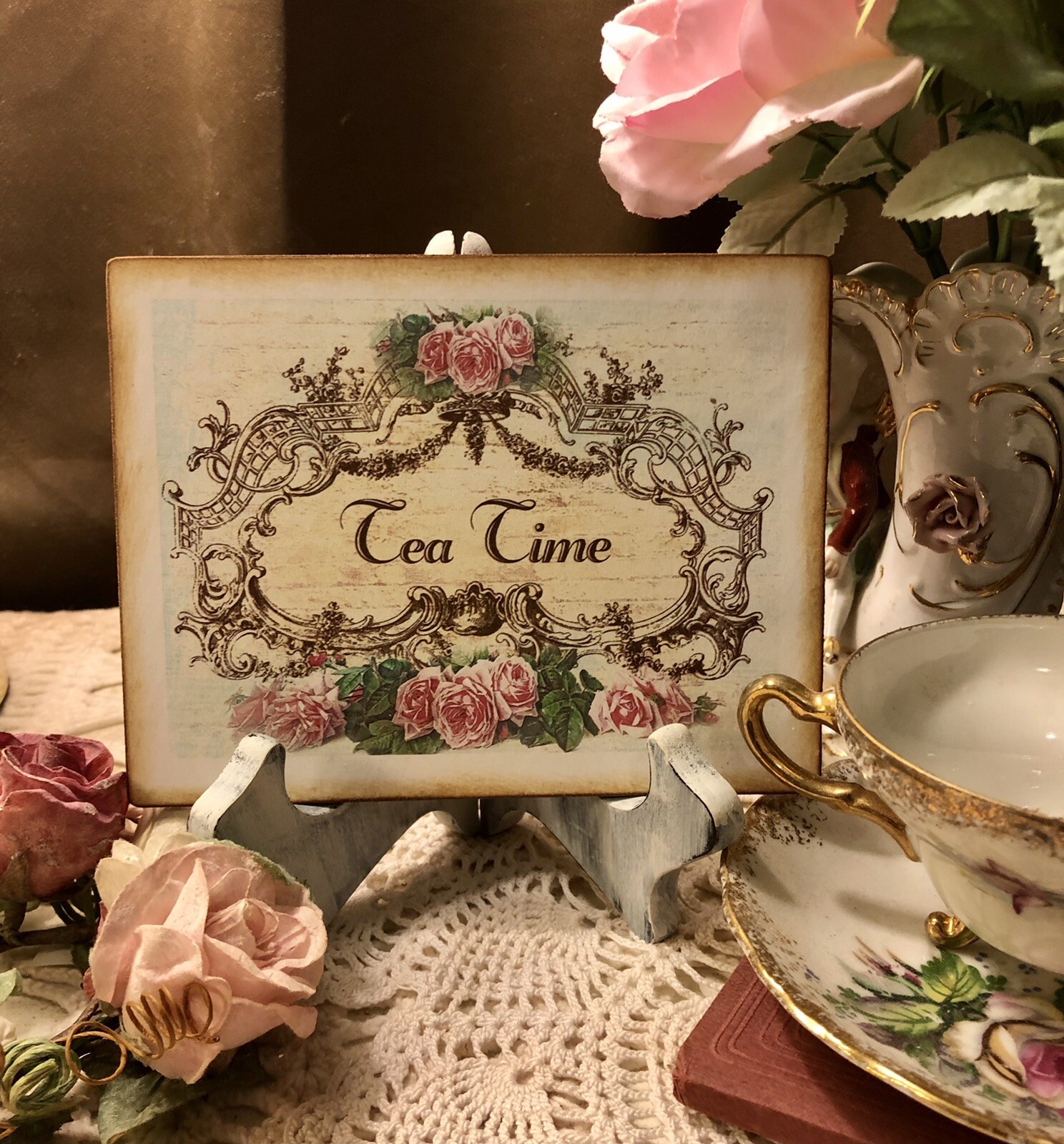 Tea Time, Shabby Chic, Cottage Style Handcrafted Mini  Plaque / Sign #2