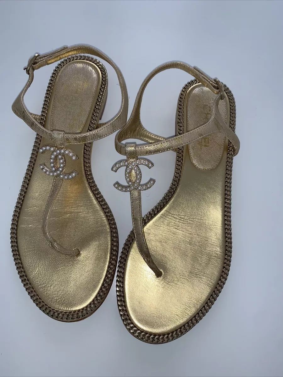 CHANEL Metallic Gold Chain & Pearl CC Logo Thong Ankle Strap Sandals  Shoes 36