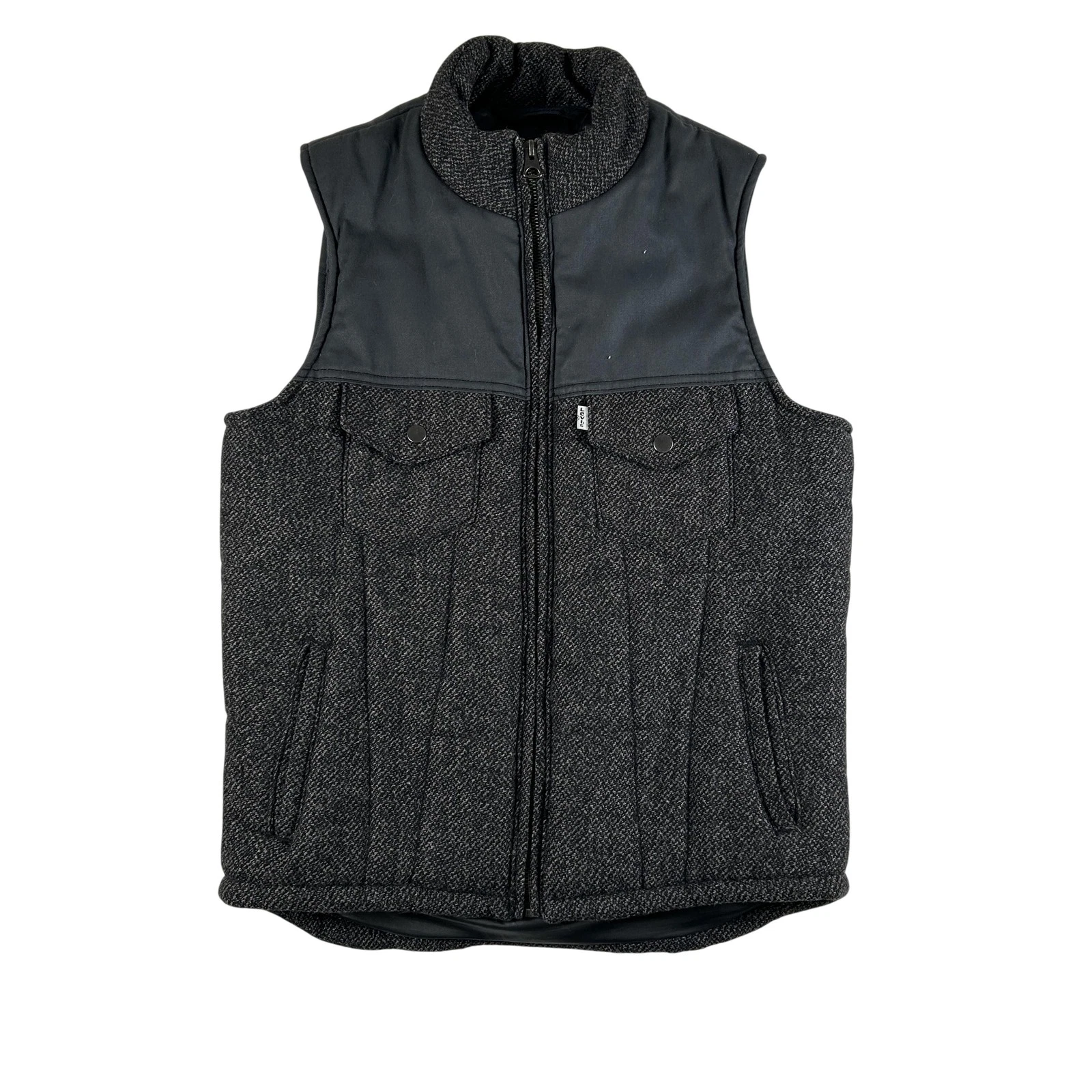 Levis Vest Mens Small Gray Wool Herringbone Tweed Quilted Puffer Zip Pockets
