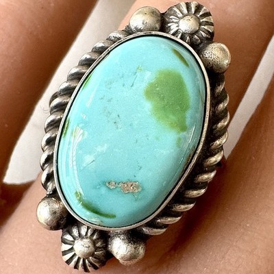 Navajo Sonoran Gold Turquoise Ring Sz 8.5 Signed Spencer Sterling Native Amer