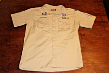 Boy Scouts of America BSA Men's Shirt Tan Large Sewn Patches Short Sleeve